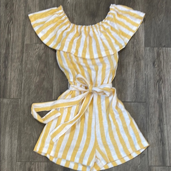 Love Tree Striped Yellow and White Linen Romper - Picture 1 of 4